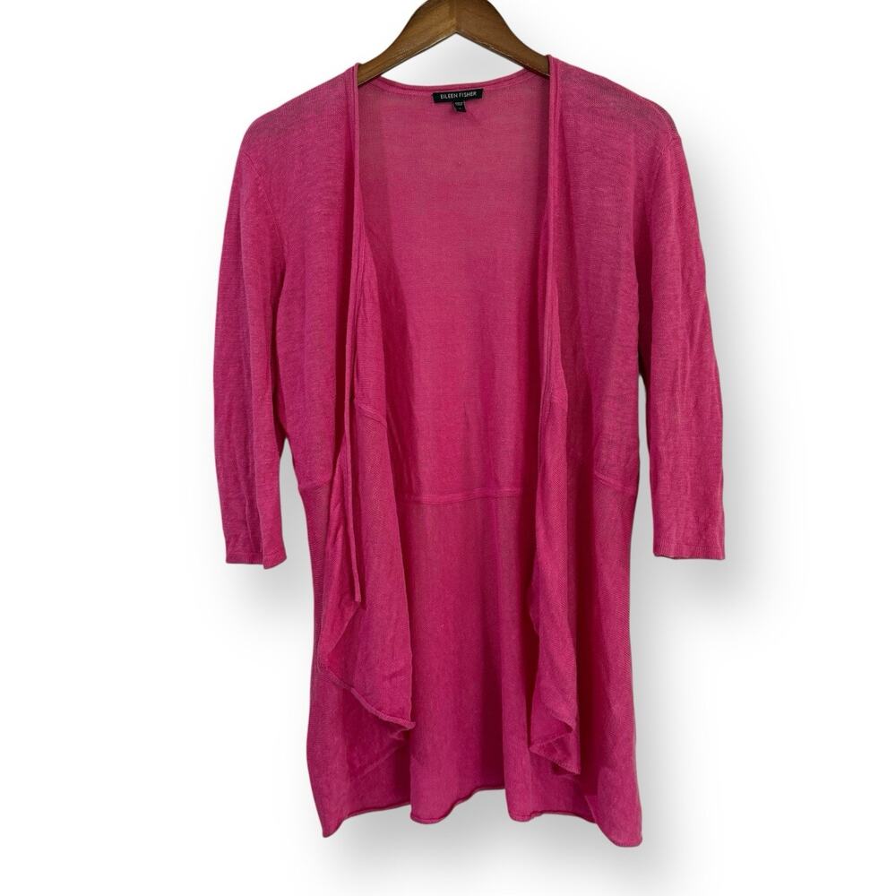 Eileen Fisher Linen Cardigan L Raspberry Pink Open Front Lagenlook Coastal Knit